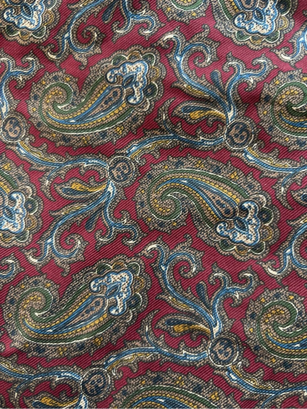 Paisley Silk twill Scarf in Burgundy with Blue, Green & Gold Accents.